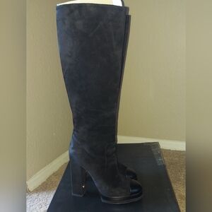 CHANEL Tall Black Suede Platform CC Boots In Box 38 $1850